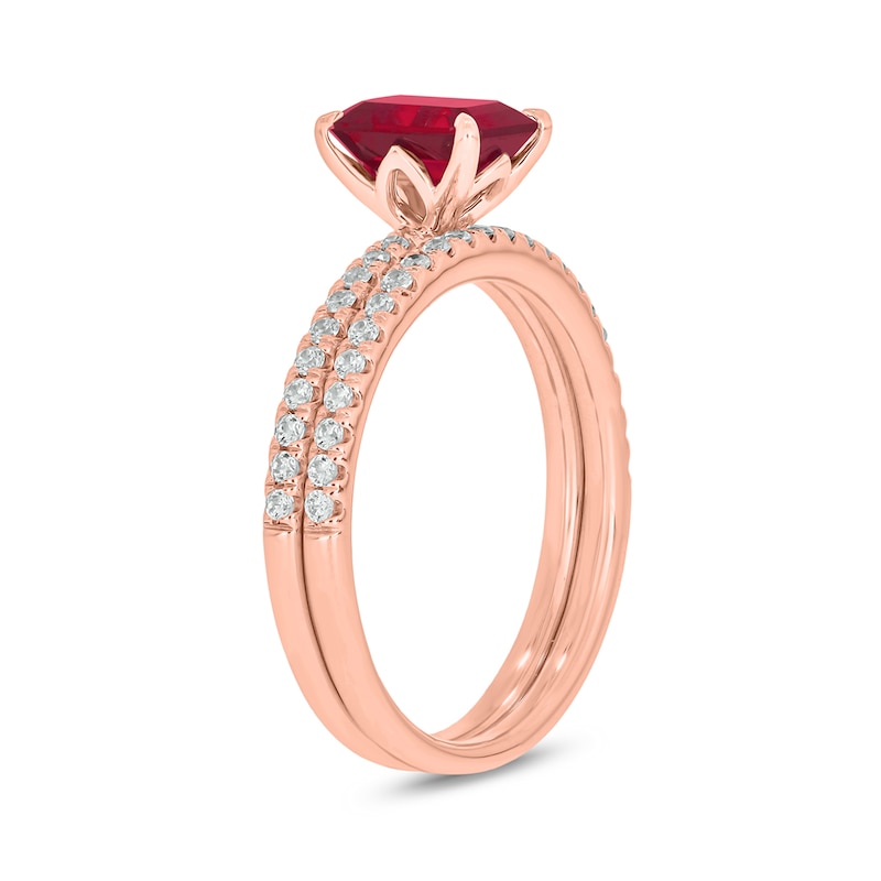 Emerald-Cut Lab-Created Ruby and 1/3 CT. T.W. Diamond Bridal Set in 10K Rose Gold