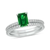 Thumbnail Image 1 of Emerald-Cut Lab-Created Emerald and 1/3 CT. T.W. Diamond Bridal Set in 10K White Gold