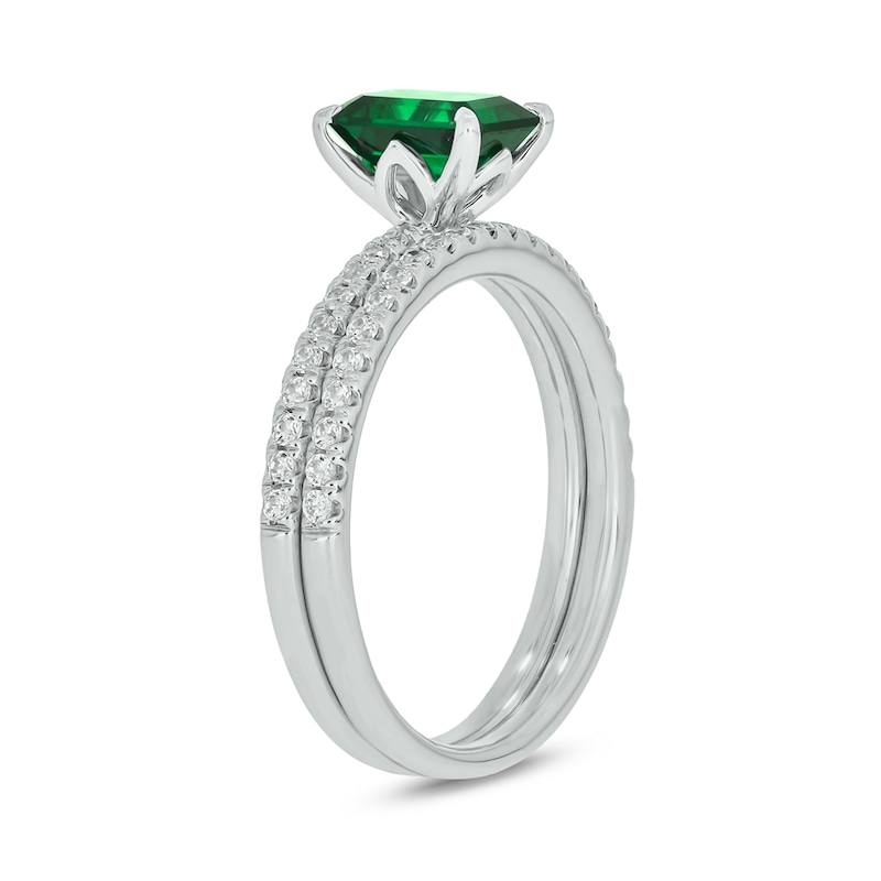 Main Image 2 of Emerald-Cut Lab-Created Emerald and 1/3 CT. T.W. Diamond Bridal Set in 10K White Gold