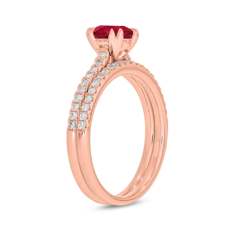 Main Image 2 of 6.0mm Lab-Created Ruby and 1/3 CT. T.W. Diamond Bridal Set in 10K Rose Gold