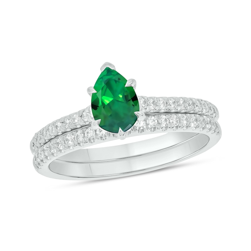 Main Image 1 of Pear-Shaped Lab-Created Emerald and 1/3 CT. T.W. Diamond Bridal Set in 10K White Gold