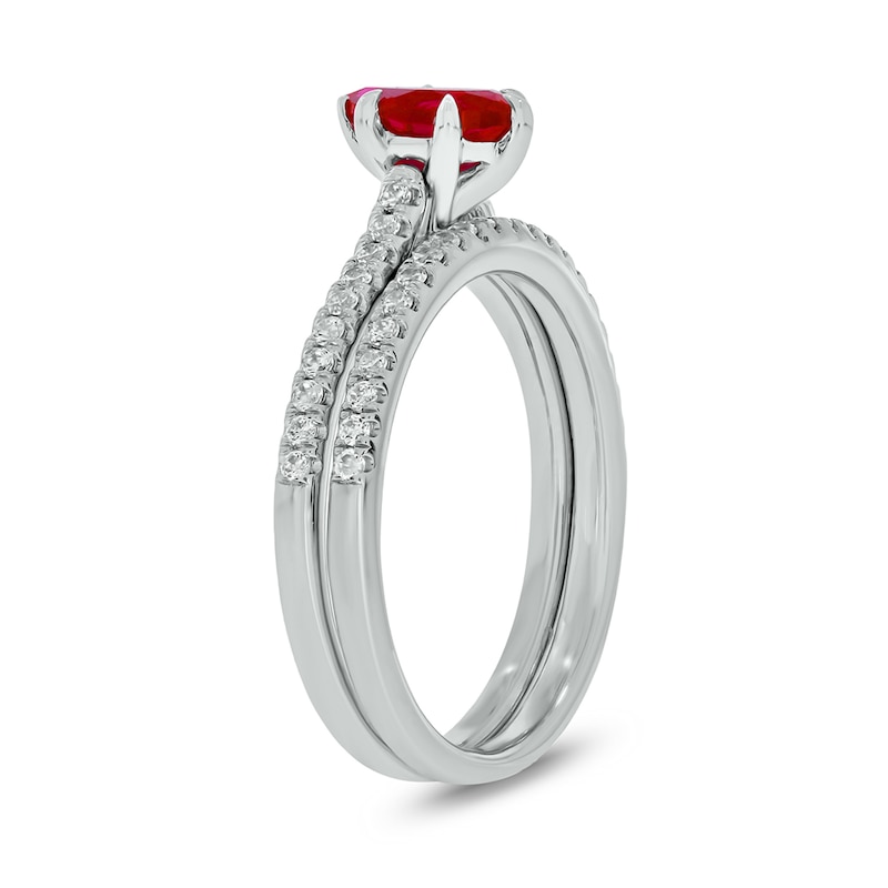 Pear-Shaped Lab-Created Ruby and 1/3 CT. T.W. Diamond Bridal Set in 10K White Gold