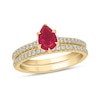 Thumbnail Image 1 of Pear-Shaped Lab-Created Ruby and 1/3 CT. T.W. Diamond Bridal Set in 10K Gold