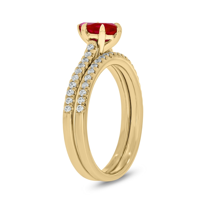 Main Image 2 of Pear-Shaped Lab-Created Ruby and 1/3 CT. T.W. Diamond Bridal Set in 10K Gold