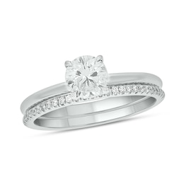 6.0mm White Lab-Created Sapphire and 1/5 CT. T.W. Diamond Band Bridal Set in 10K White Gold