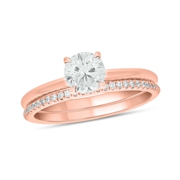 6.0mm White Lab-Created Sapphire and 1/5 CT. T.W. Diamond Band Bridal Set in 10K Rose Gold