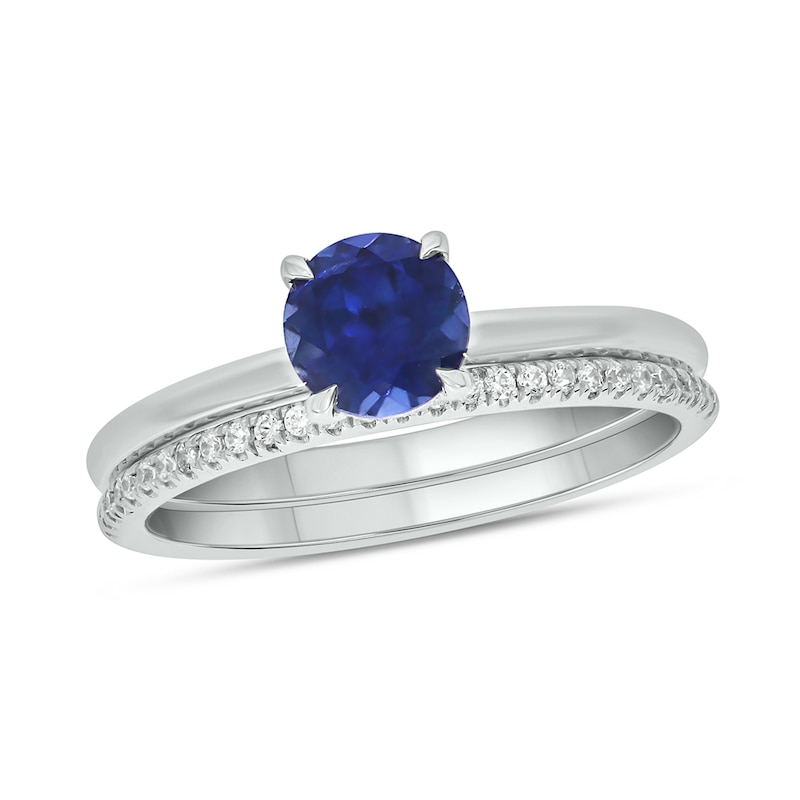 Main Image 1 of 6.0mm Blue Lab-Created Sapphire and 1/5 CT. T.W. Diamond Band Bridal Set in 10K White Gold