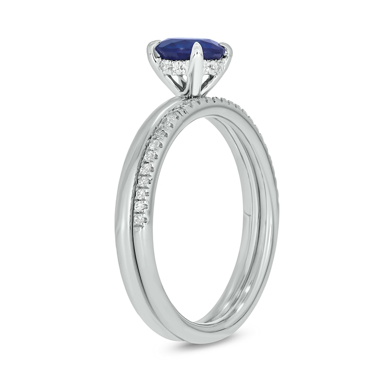 Main Image 2 of 6.0mm Blue Lab-Created Sapphire and 1/5 CT. T.W. Diamond Band Bridal Set in 10K White Gold