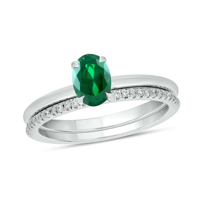 Main Image 1 of Oval Lab-Created Emerald and 1/5 CT. T.W. Diamond Band Bridal Set in 10K White Gold