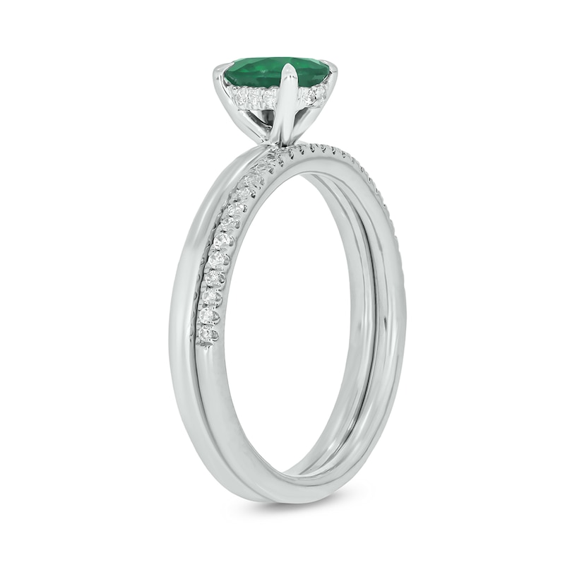 Main Image 2 of Oval Lab-Created Emerald and 1/5 CT. T.W. Diamond Band Bridal Set in 10K White Gold