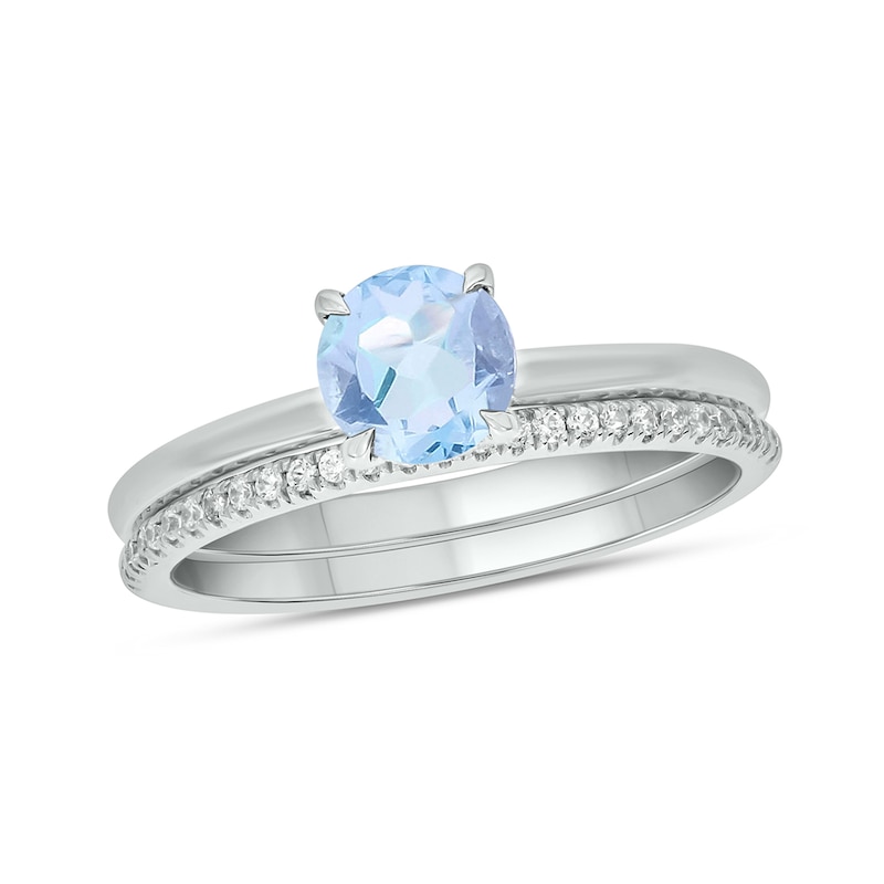 Main Image 1 of 6.0mm Aquamarine and 1/5 CT. T.W. Diamond Band Bridal Set in 10K White Gold