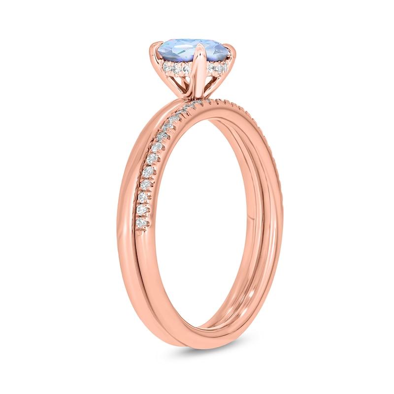 Main Image 2 of 6.0mm Aquamarine and 1/5 CT. T.W. Diamond Band Bridal Set in 10K Rose Gold