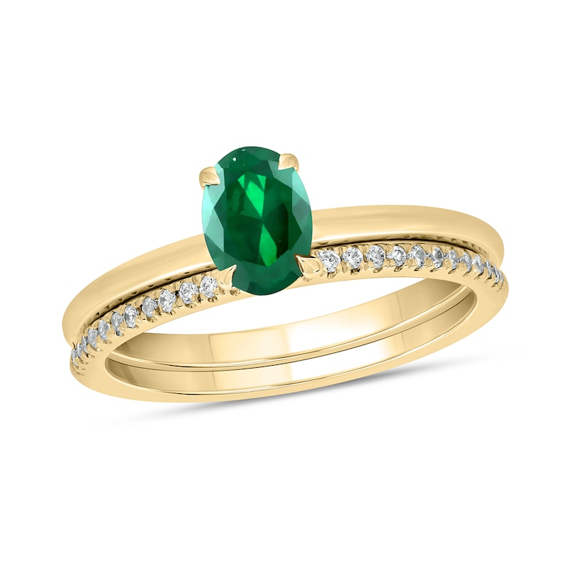 Main Image 1 of Oval Lab-Created Emerald and 1/5 CT. T.W. Diamond Band Bridal Set in 10K Gold