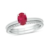 Thumbnail Image 1 of Oval Lab-Created Ruby and 1/5 CT. T.W. Diamond Band Bridal Set in 10K White Gold