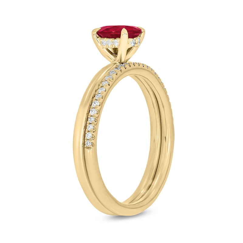 Main Image 2 of Oval Lab-Created Ruby and 1/5 CT. T.W. Diamond Band Bridal Set in 10K Gold