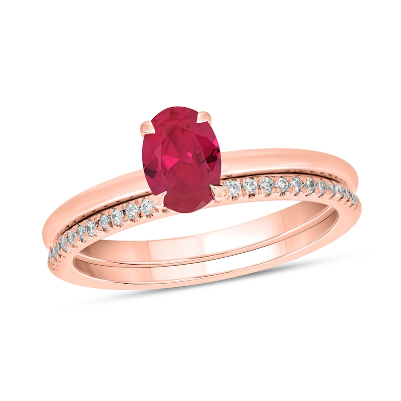 Main Image 1 of Oval Lab-Created Ruby and 1/5 CT. T.W. Diamond Band Bridal Set in 10K Rose Gold