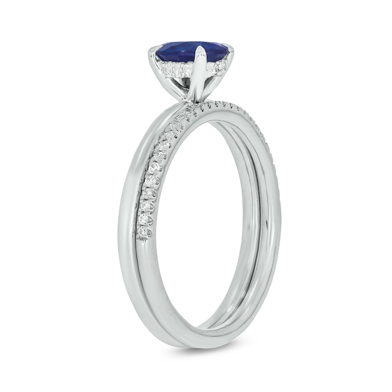 Main Image 2 of Oval Blue Lab-Created Sapphire and 1/5 CT. T.W. Diamond Band Bridal Set in 10K White Gold