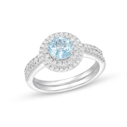 6.0mm Aquamarine and 1/2 CT. T.W. Diamond Double Frame Bridal Set in 14K White Gold