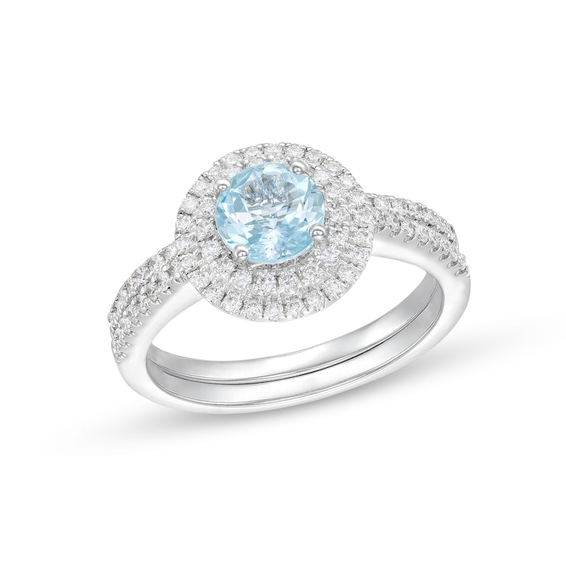 Main Image 1 of 6.0mm Aquamarine and 1/2 CT. T.W. Diamond Double Frame Bridal Set in 14K White Gold