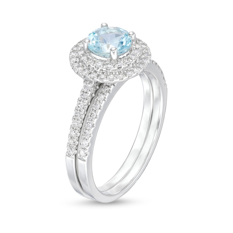 Main Image 3 of 6.0mm Aquamarine and 1/2 CT. T.W. Diamond Double Frame Bridal Set in 14K White Gold