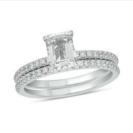 Emerald-Cut White Lab-Created Sapphire and 1/3 CT. T.W. Diamond Bridal Set in 10K White Gold