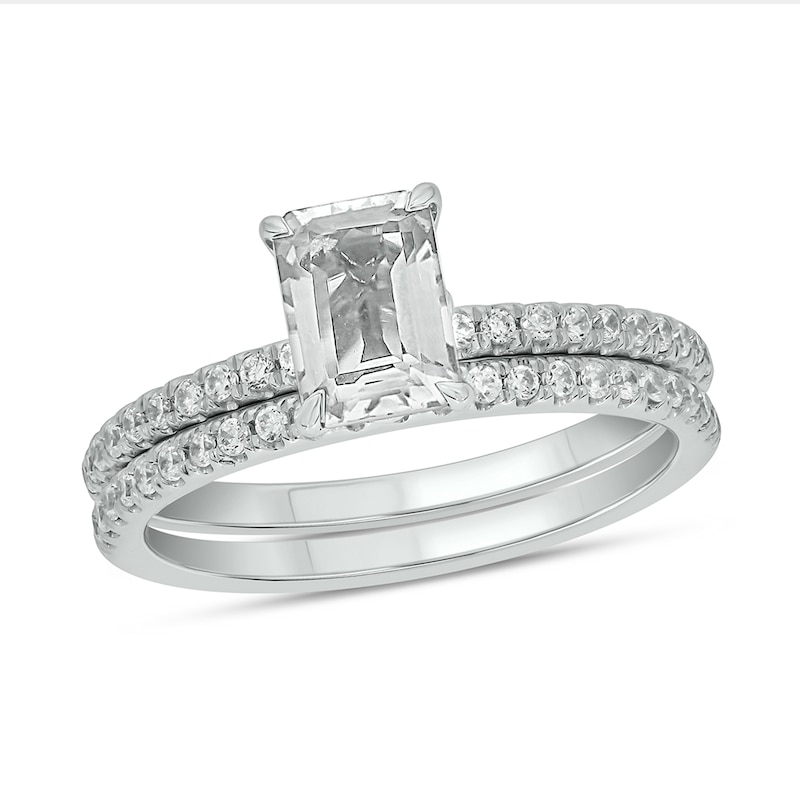 Main Image 1 of Emerald-Cut White Lab-Created Sapphire and 1/3 CT. T.W. Diamond Bridal Set in 10K White Gold