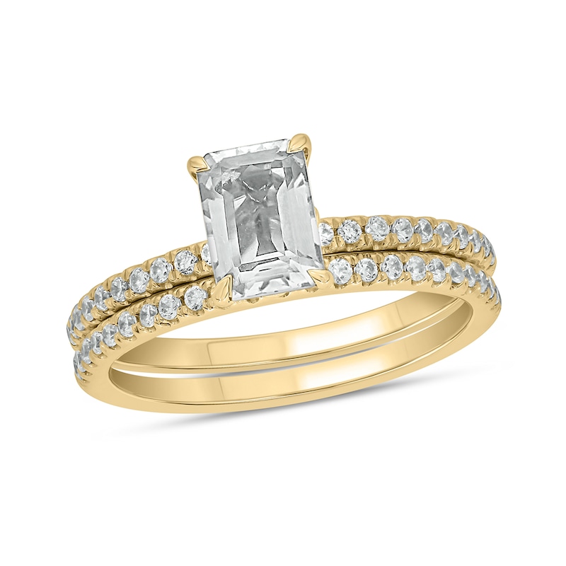 Emerald-Cut White Lab-Created Sapphire and 1/3 CT. T.W. Diamond Bridal Set in 10K Gold