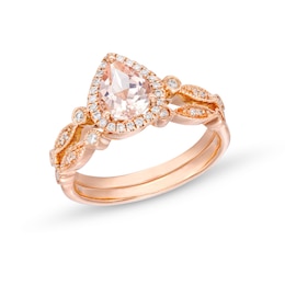 Pear-Shaped Morganite and 1/6 CT. T.W. Diamond Frame Vintage-Style Bridal Set in 14K Rose Gold