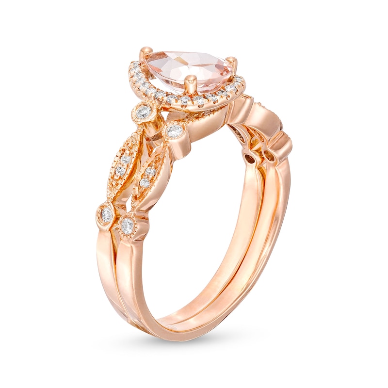 Main Image 3 of Pear-Shaped Morganite and 1/6 CT. T.W. Diamond Frame Vintage-Style Bridal Set in 14K Rose Gold