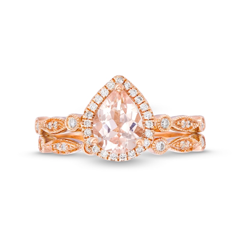 Main Image 4 of Pear-Shaped Morganite and 1/6 CT. T.W. Diamond Frame Vintage-Style Bridal Set in 14K Rose Gold