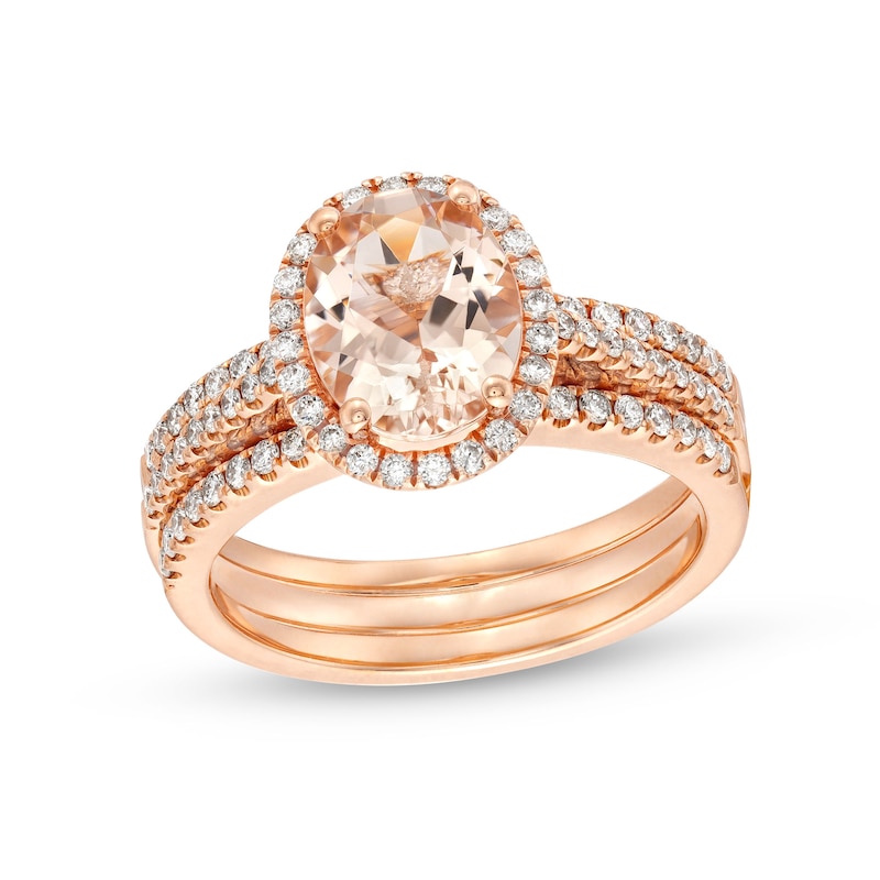 Oval Morganite and 1/2 CT. T.W. Diamond Frame Bridal Set in 14K Rose Gold