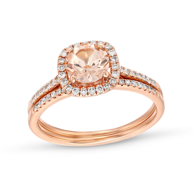 6.0mm Morganite and 1/4 CT. T.W. Diamond Cushion Frame Bridal Set in 14K Rose Gold