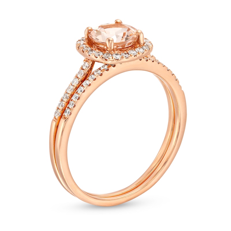 6.0mm Morganite and 1/4 CT. T.W. Diamond Cushion Frame Bridal Set in 14K Rose Gold