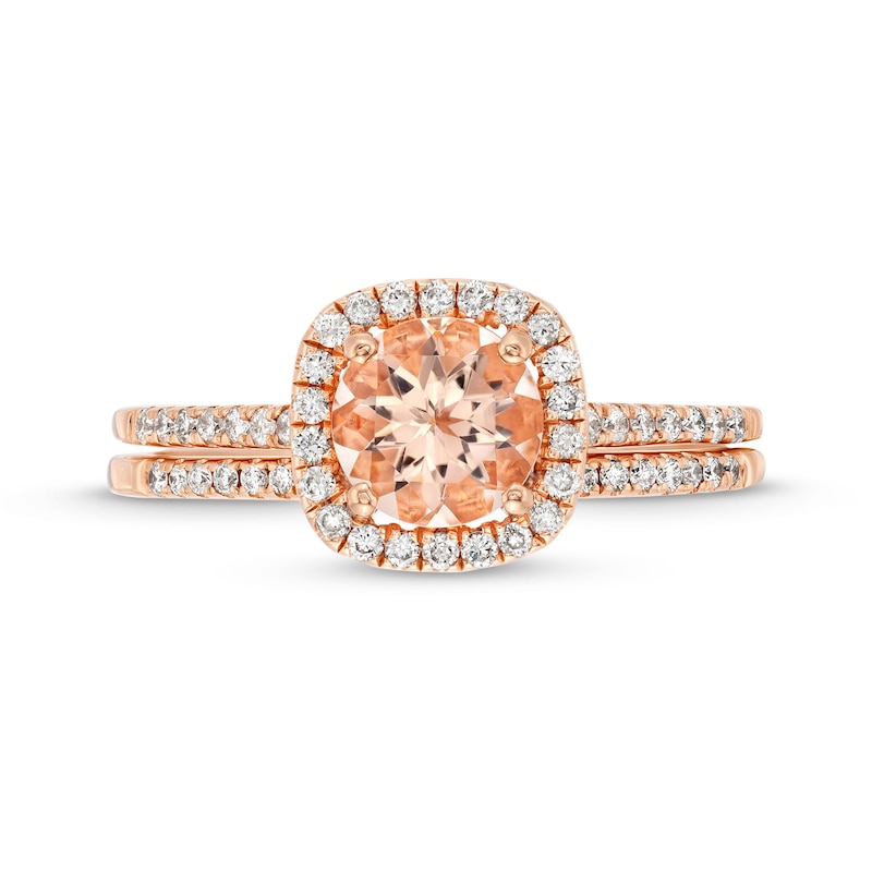 6.0mm Morganite and 1/4 CT. T.W. Diamond Cushion Frame Bridal Set in 14K Rose Gold