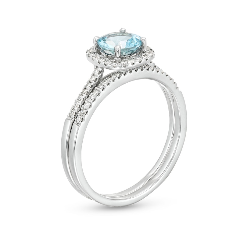 6.0mm Aquamarine and 1/4 CT. T.W. Diamond Cushion Frame Bridal Set in 14K White Gold