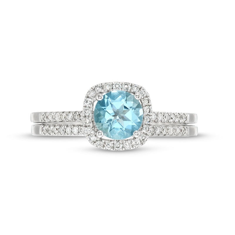 6.0mm Aquamarine and 1/4 CT. T.W. Diamond Cushion Frame Bridal Set in 14K White Gold