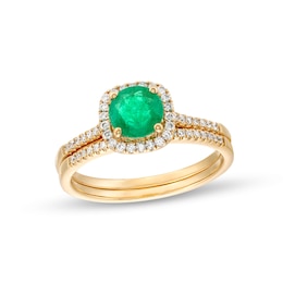 6.0mm Emerald and 1/4 CT. T.W. Diamond Cushion Frame Bridal Set in 14K Gold