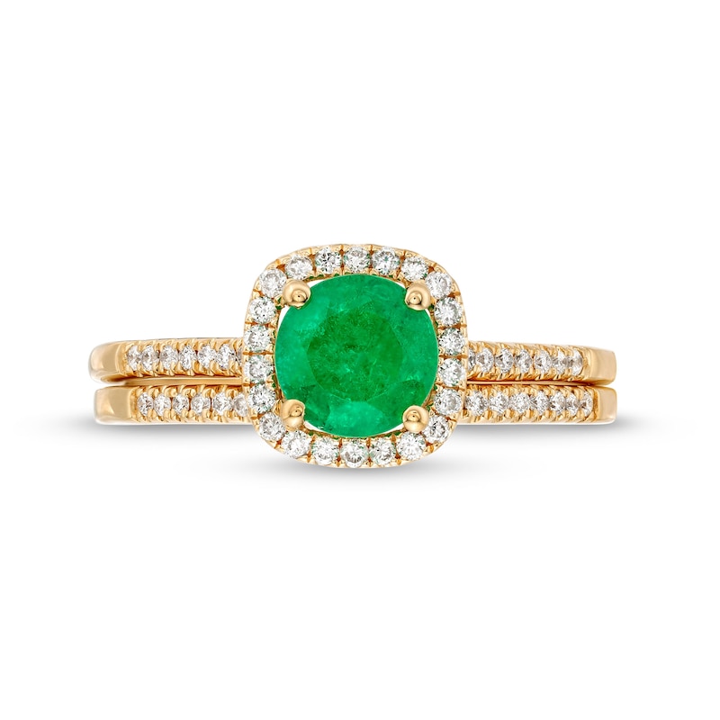 6.0mm Emerald and 1/4 CT. T.W. Diamond Cushion Frame Bridal Set in 14K Gold