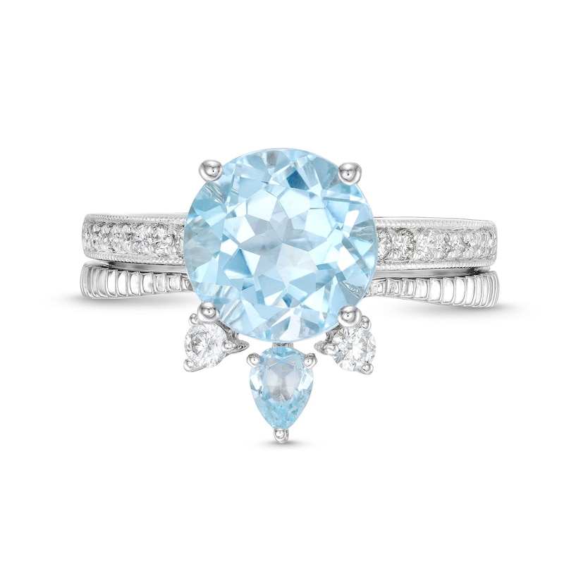 9.0mm Blue Topaz and 1/5 CT. T.W. Diamond Abstract Art Deco Bridal Set in 14K White Gold