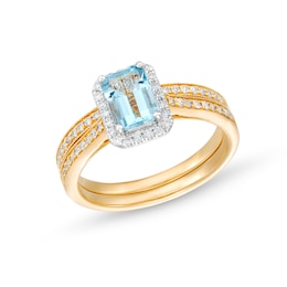 Emerald-Cut Aquamarine and 1/4 CT. T.W. Diamond Frame Vintage-Style Bridal Set in 14K Gold