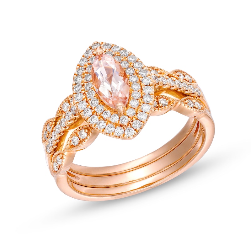 Marquise Morganite and 1/2 CT. T.W. Diamond Double Frame Vintage-Style Bridal Set in 14K Rose Gold