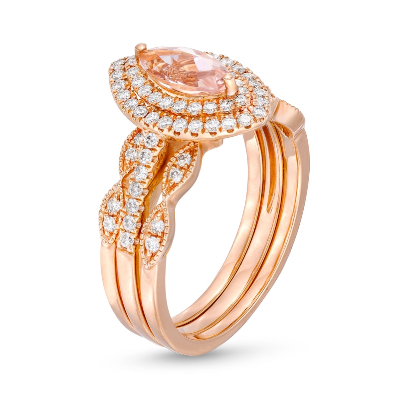 Marquise Morganite and 1/2 CT. T.W. Diamond Double Frame Vintage-Style Bridal Set in 14K Rose Gold