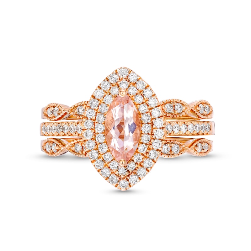 Marquise Morganite and 1/2 CT. T.W. Diamond Double Frame Vintage-Style Bridal Set in 14K Rose Gold