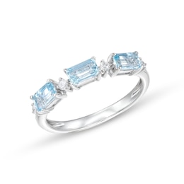 Sideways Emerald-Cut Aquamarine and 1/15 CT. T.W. Diamond Station Three Stone Ring in 14K White Gold