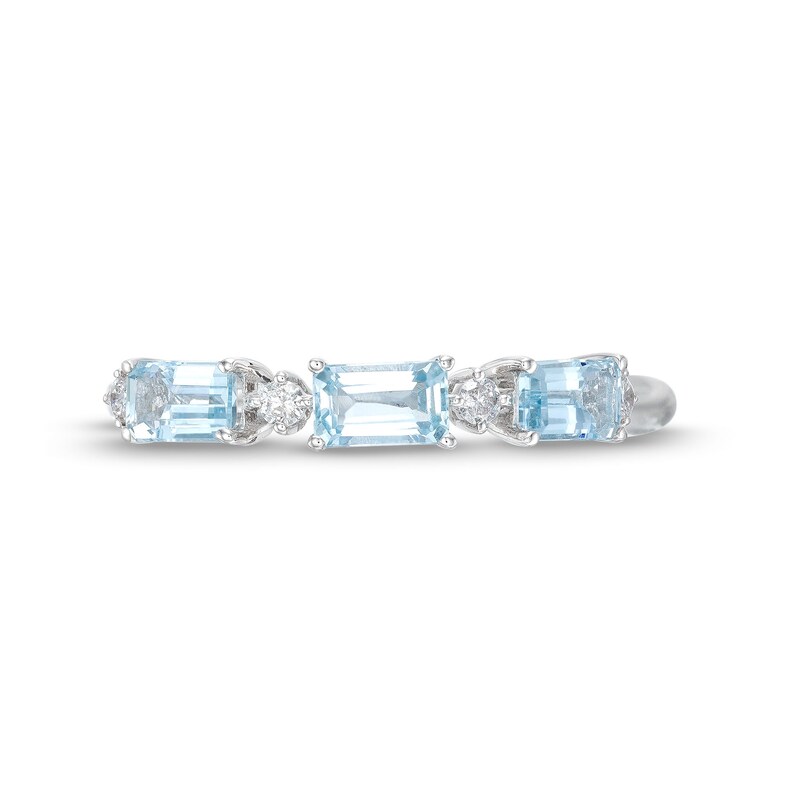 Main Image 4 of Sideways Emerald-Cut Aquamarine and 1/15 CT. T.W. Diamond Station Three Stone Ring in 14K White Gold