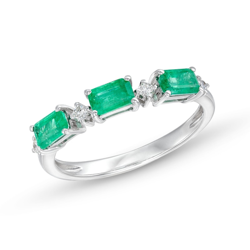 Sideways Emerald-Cut Emerald and 1/15 CT. T.W. Diamond Station Three Stone Ring in 14K White Gold