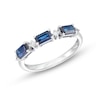 Thumbnail Image 1 of Sideways Emerald-Cut Blue Sapphire and 1/15 CT. T.W. Diamond Station Three Stone Ring in 14K White Gold