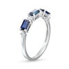 Thumbnail Image 3 of Sideways Emerald-Cut Blue Sapphire and 1/15 CT. T.W. Diamond Station Three Stone Ring in 14K White Gold