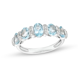 Oval Aquamarine and 1/8 CT. T.W. Diamond Collar Station Five Stone Ring in 14K White Gold