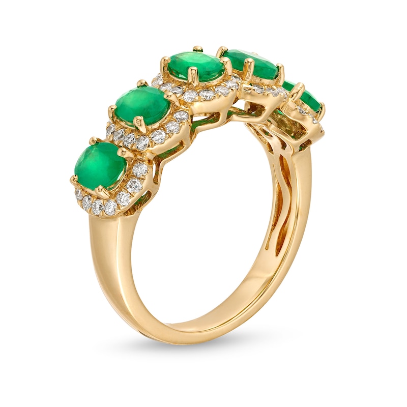 Oval Emerald and 3/8 CT. T.W. Diamond Frame Five Stone Ring in 14K Gold